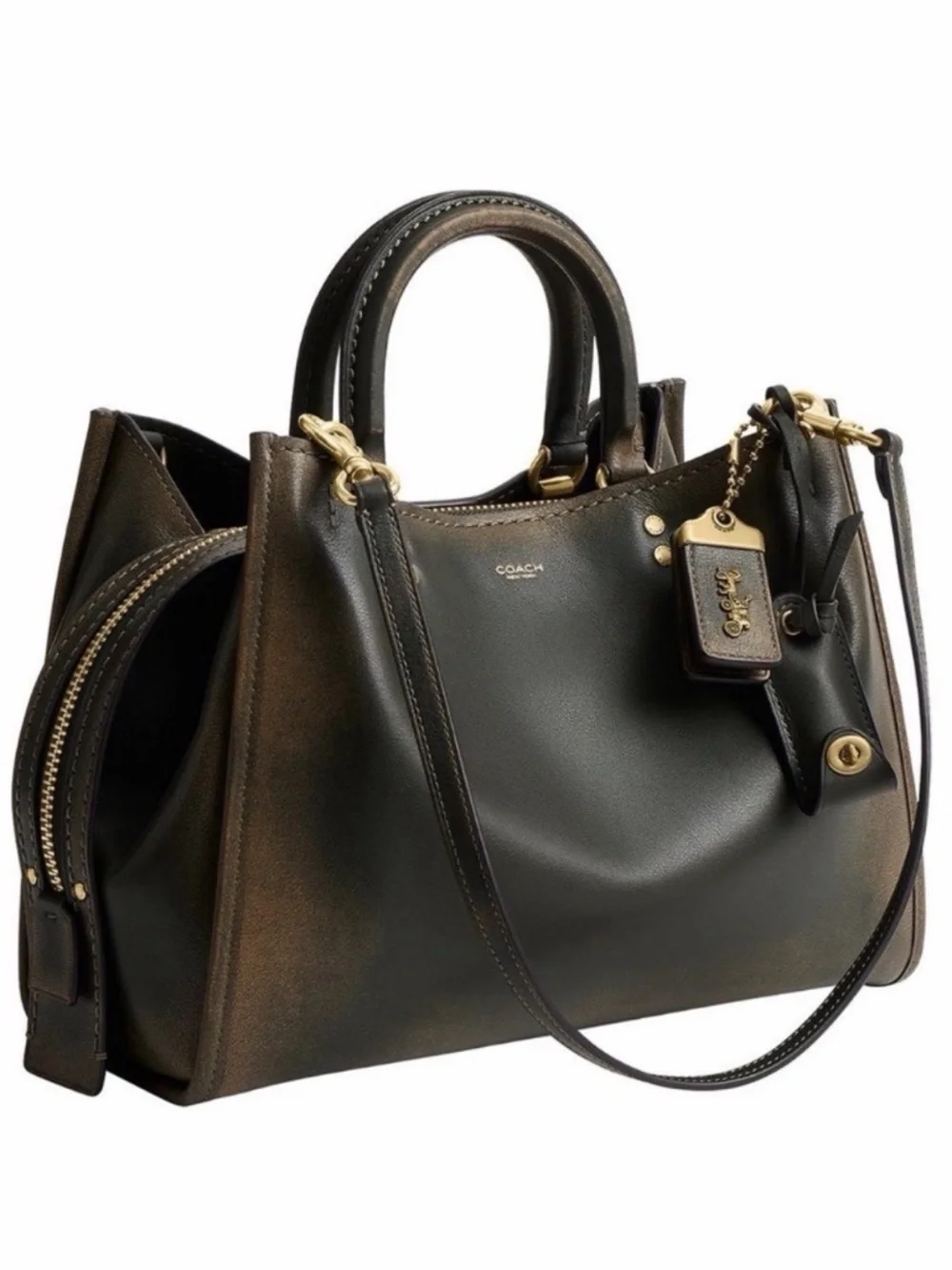 Coach Loved Leather Rogue 31 Bag Brass/Green Rub-off Soft Full Grain Leather NWT